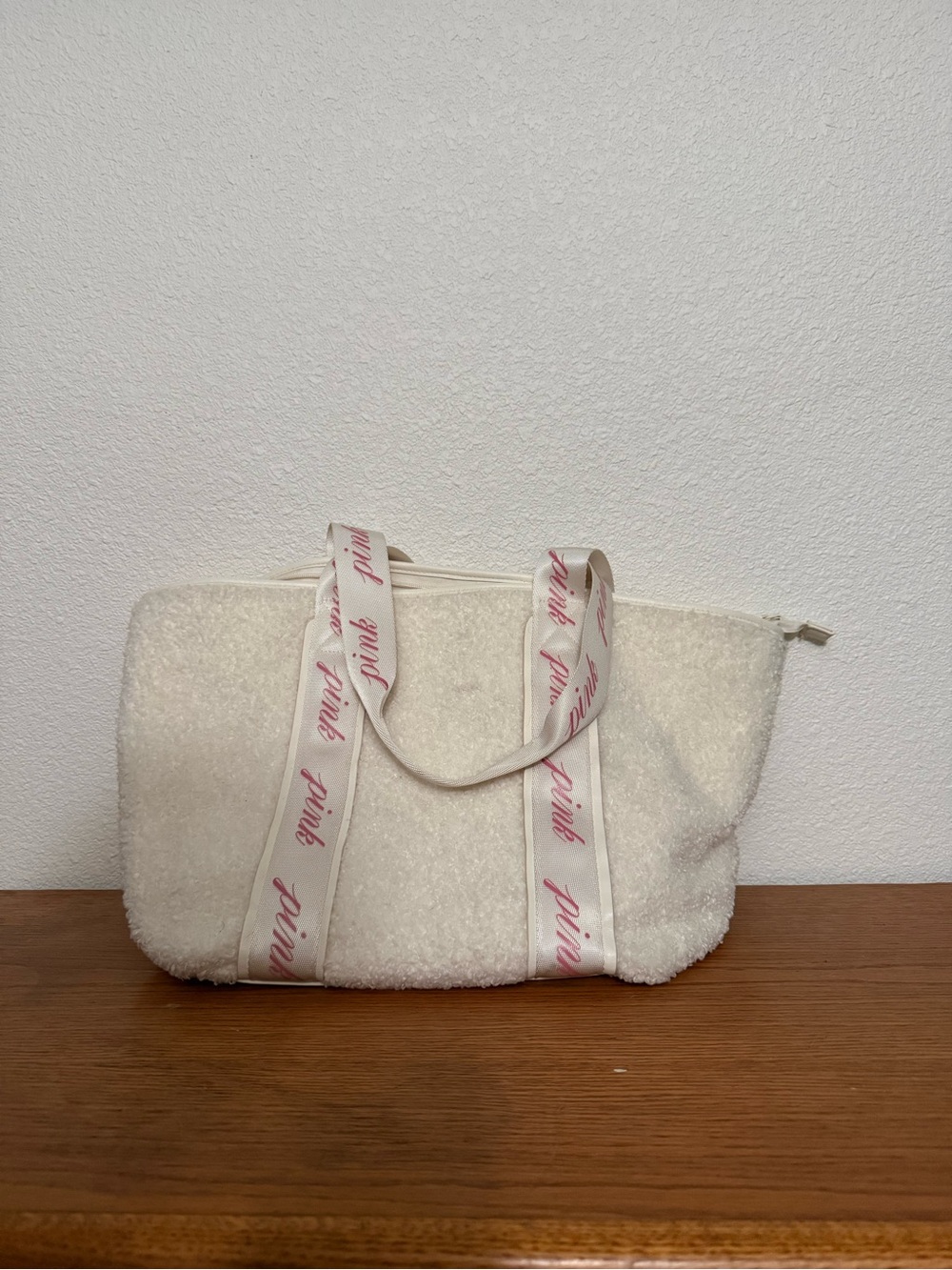 PINK Victoria's Secret Cream Sherpa Tote with Pink Logo Straps